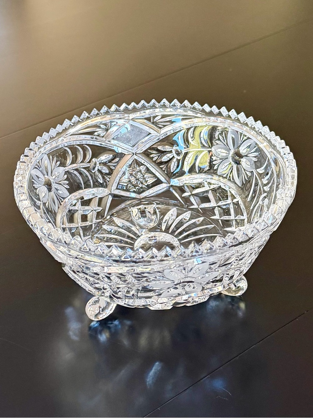 American Brilliant Period 3 Footed Bowl with Etched Flowers and Sawtooth Rim
